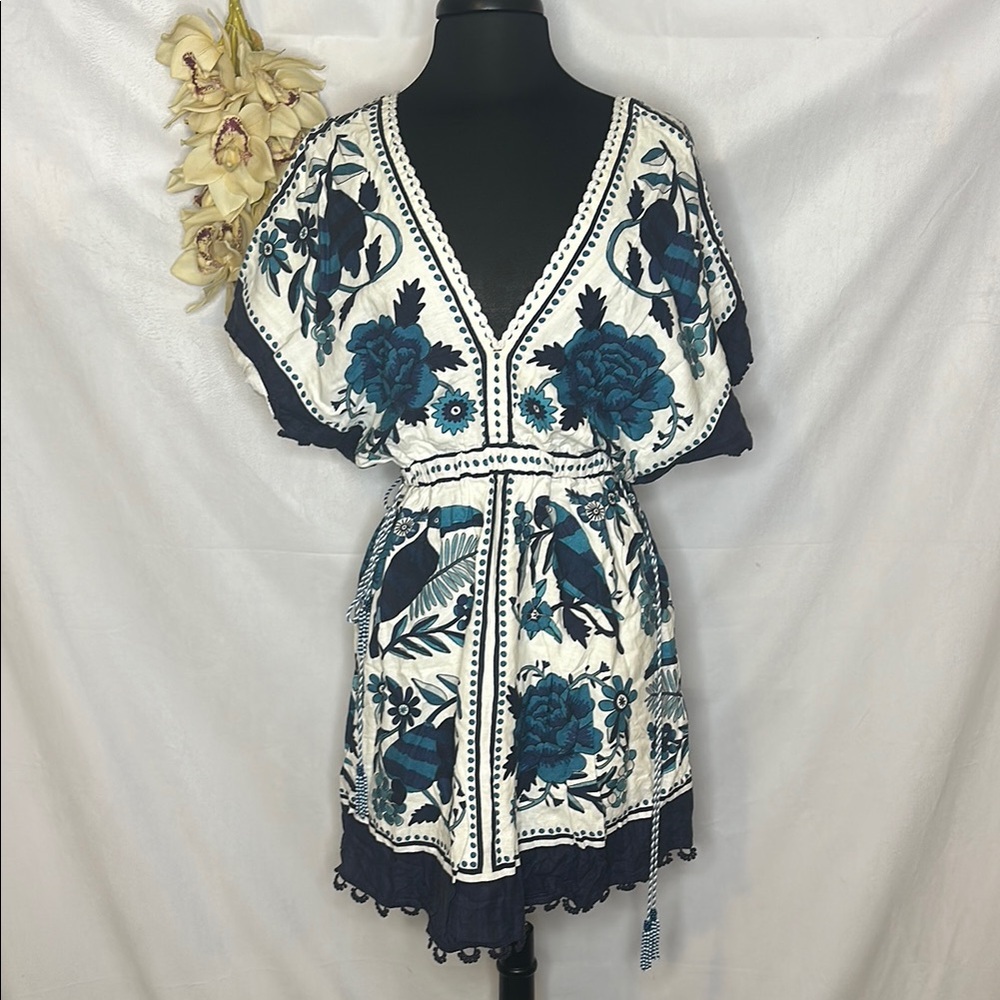 FARM Rio White Mini Dress with Teal & Navy Floral Embroidery